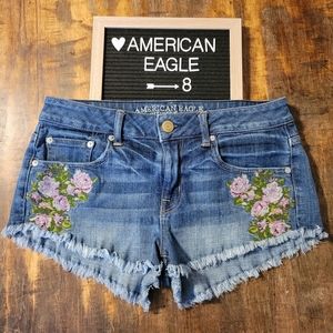 American Eagle Embroidered Floral Cheeky Stretch Mid-Rise Denim Shorts, Size 8